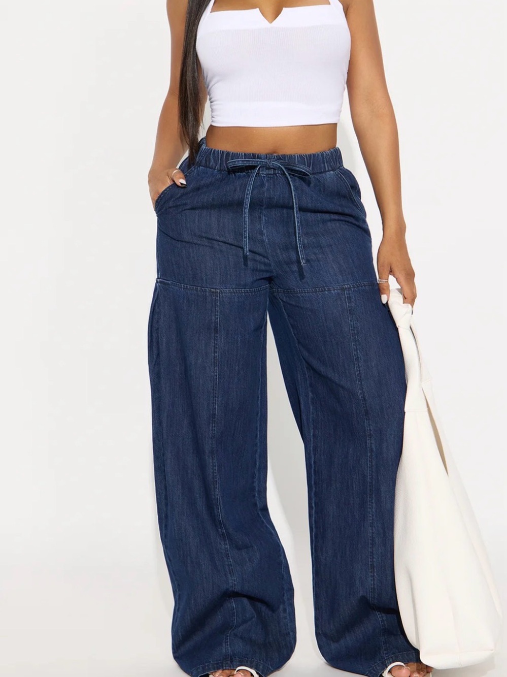 Fashion Nova Dark Blue Wide Leg Drawstring Jeans